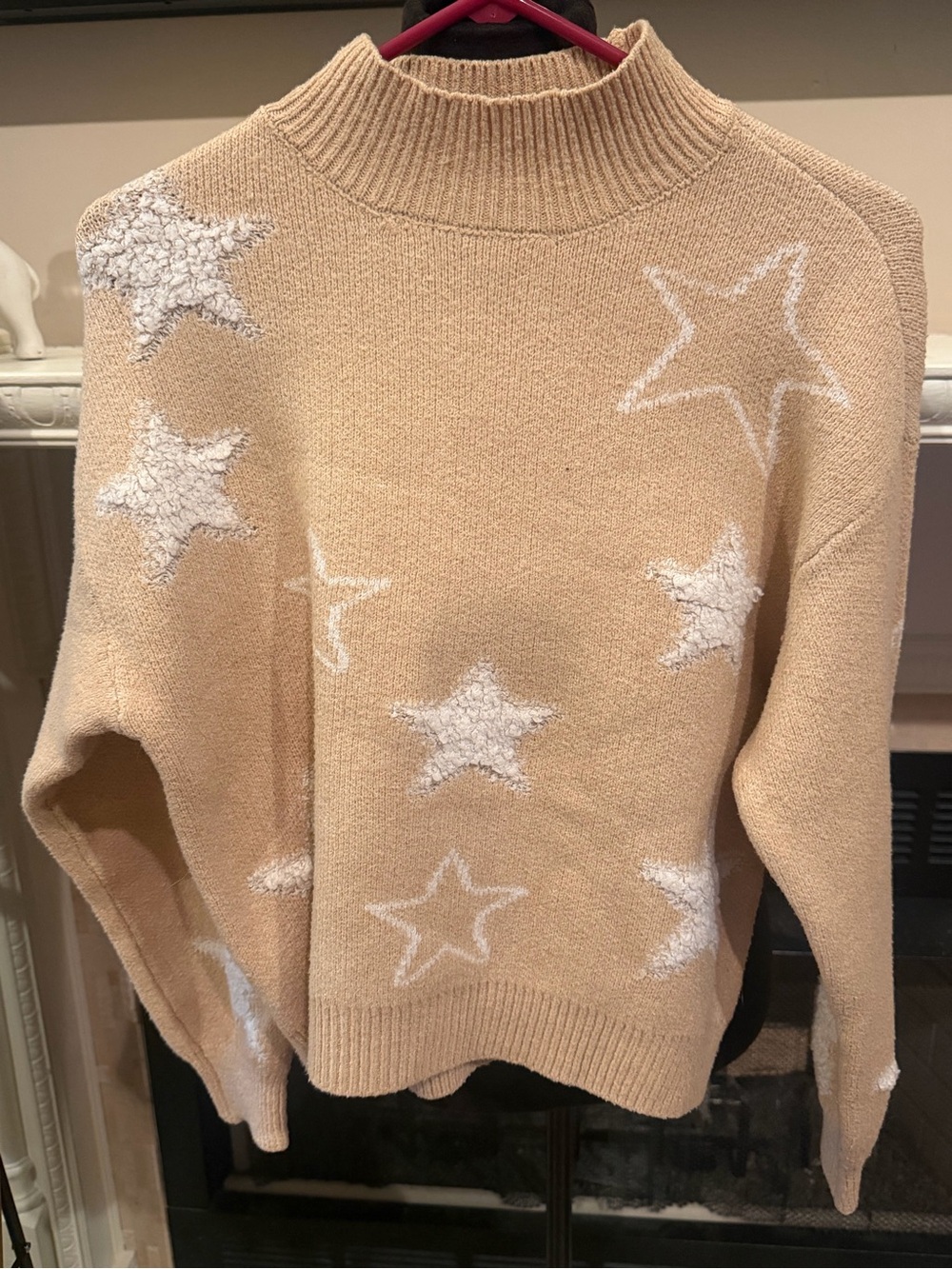 Neutral Beige Star-Print Turtleneck Sweater